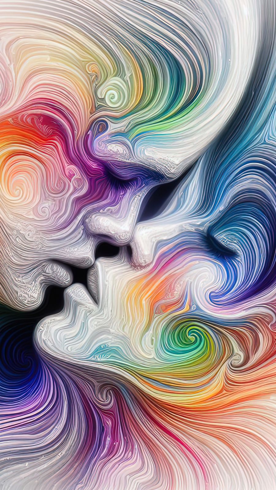 Abstract artwork of two faces meeting amid swirling rainbow currents